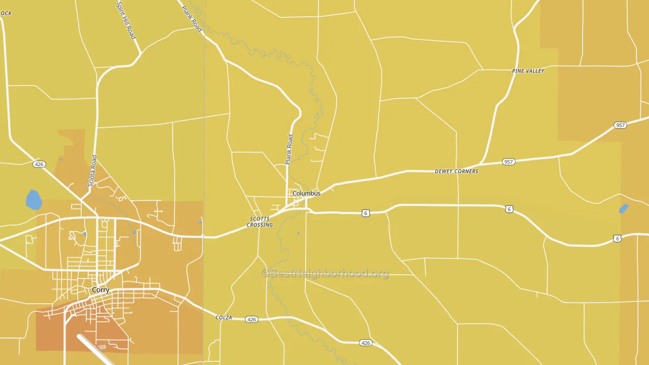 Map of the best neighborhoods in the Columbus area, with better matches in green and worse matches in red