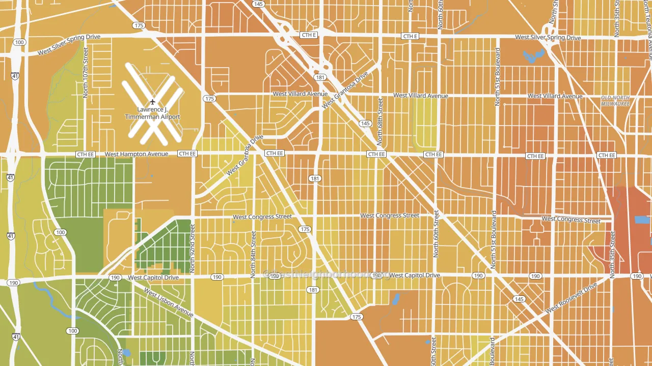 Map of the best neighborhoods in the Columbus Park, Milwaukee area, with better matches in green and worse matches in red