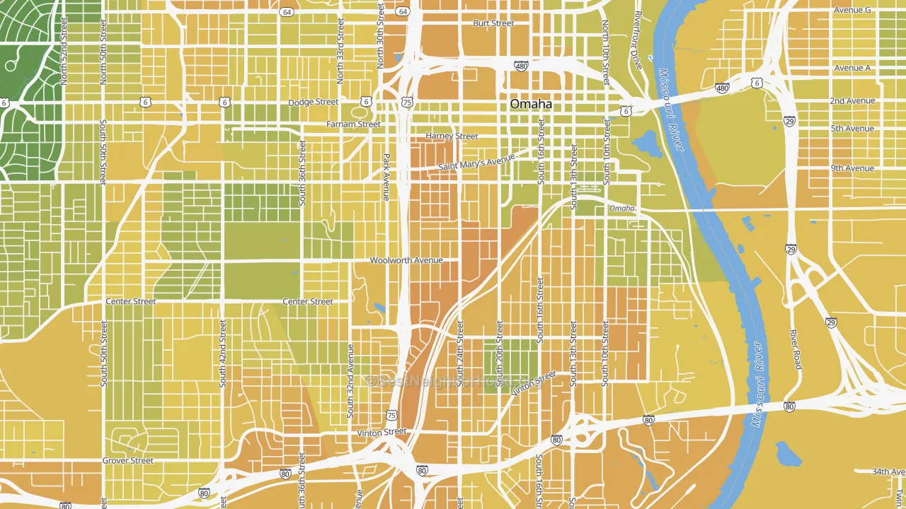 Map of the best neighborhoods in the Columbus Park, Omaha area, with better matches in green and worse matches in red