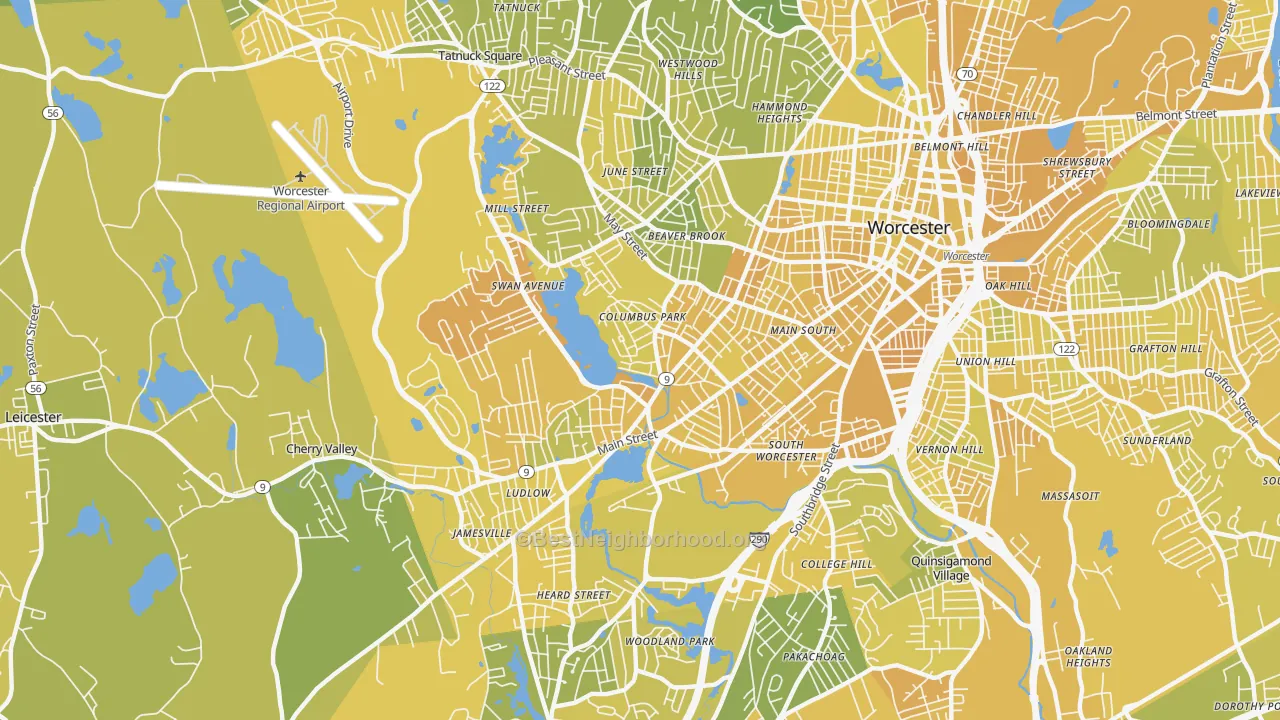 Map of the best neighborhoods in the Columbus Park, Worcester area, with better matches in green and worse matches in red