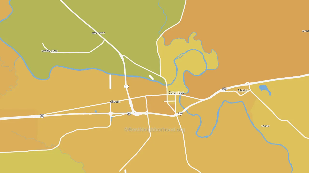 Map of the best neighborhoods in the Columbus area, with better matches in green and worse matches in red