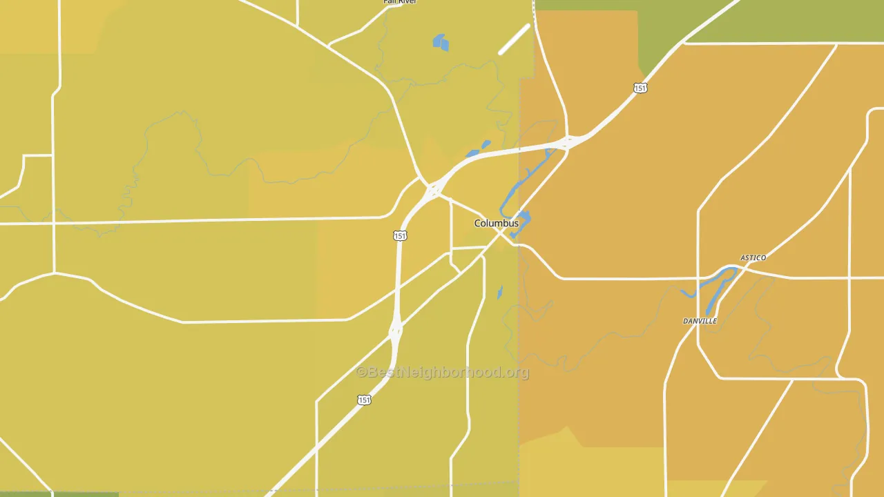 Map of the best neighborhoods in the Columbus area, with better matches in green and worse matches in red