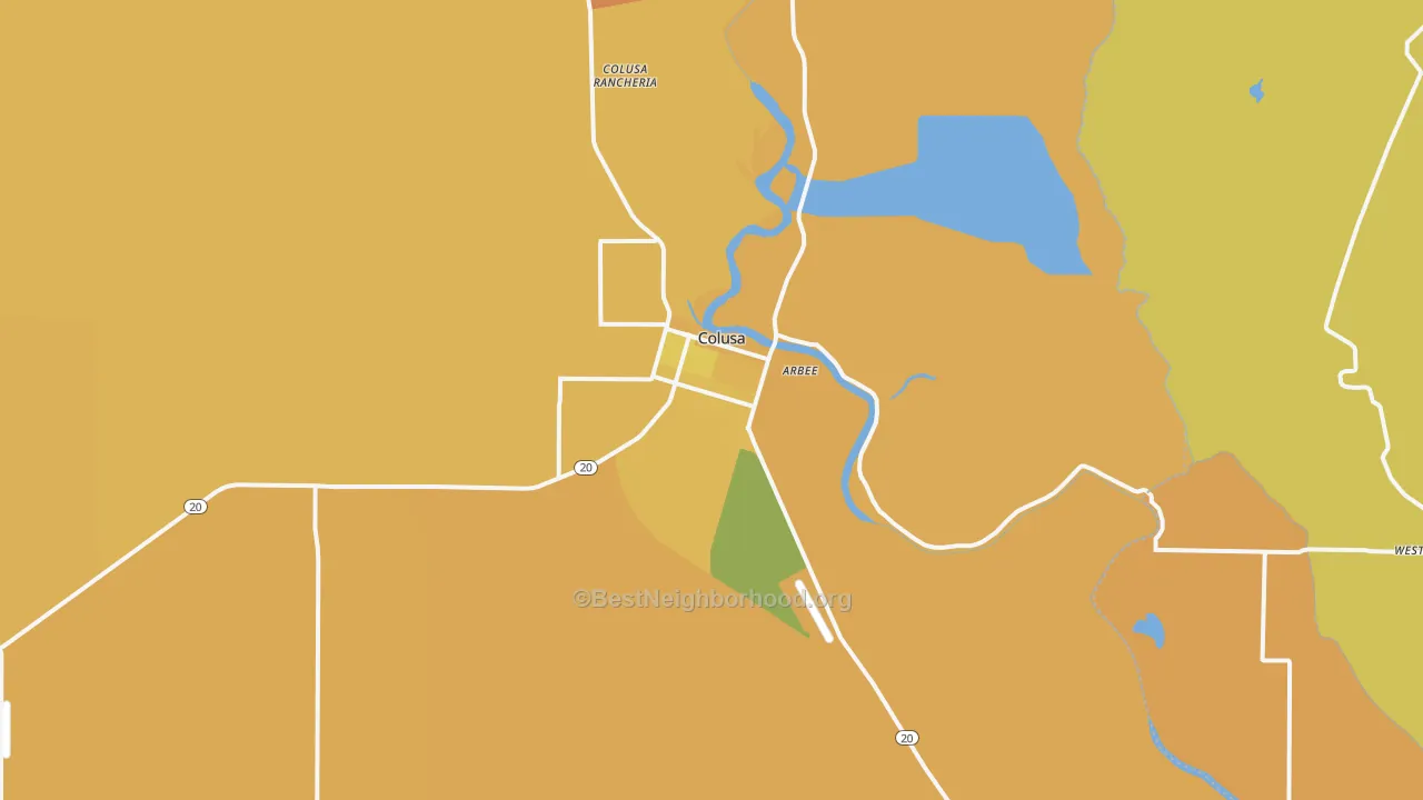 Map of the best neighborhoods in the Colusa area, with better matches in green and worse matches in red