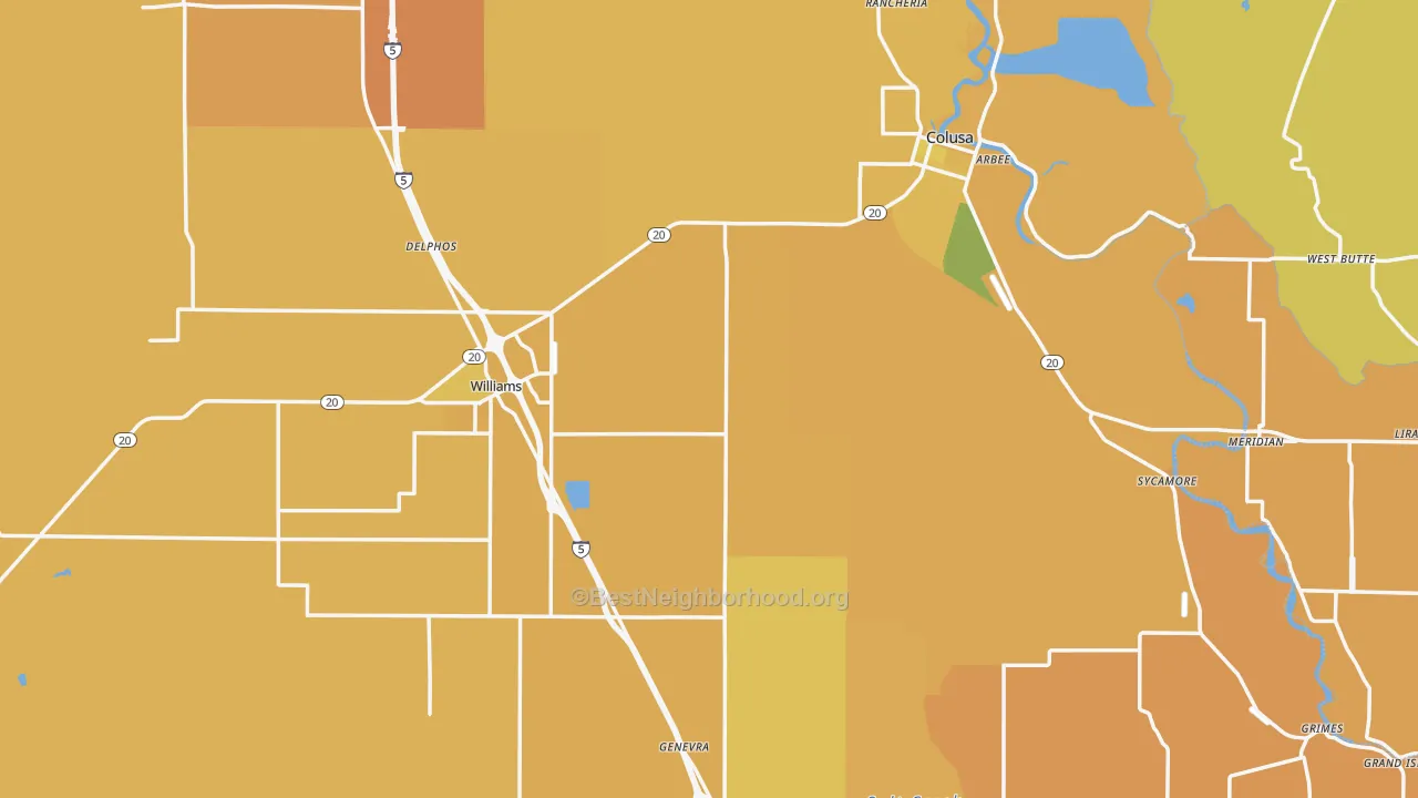 Map of the best neighborhoods in the Colusa County area, with better matches in green and worse matches in red