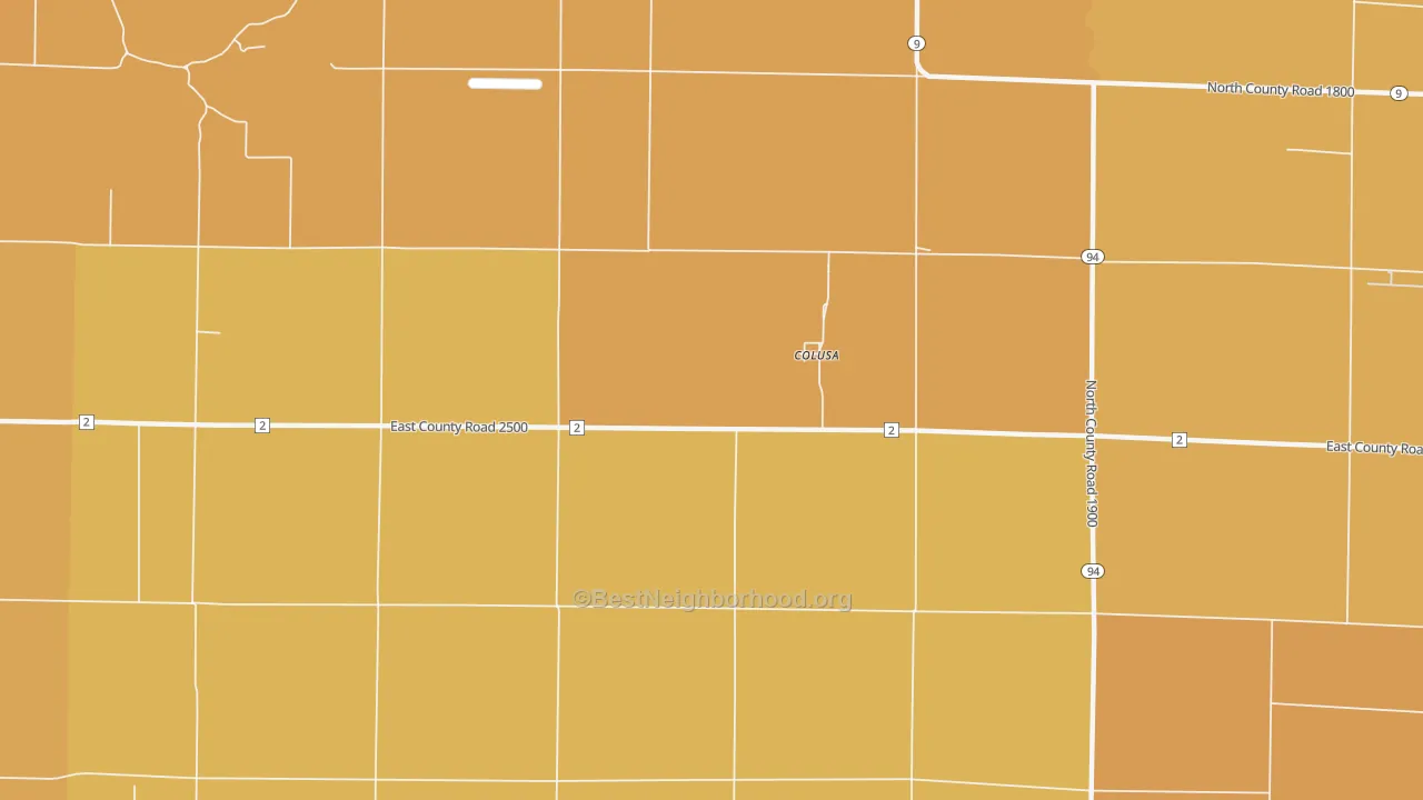 Map of the best neighborhoods in the Colusa area, with better matches in green and worse matches in red