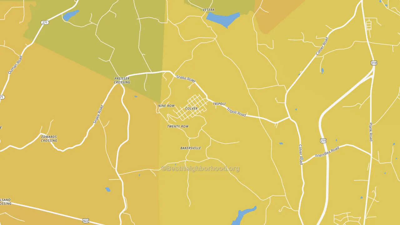 Map of the best neighborhoods in the Colver area, with better matches in green and worse matches in red