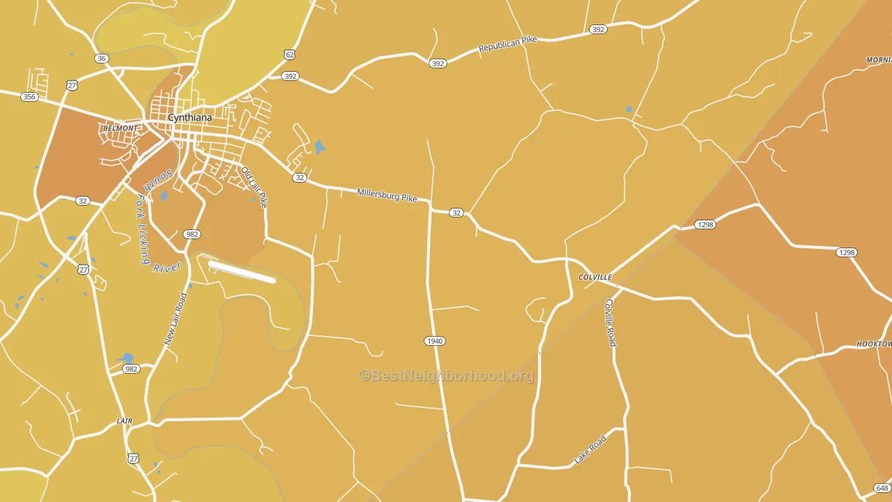 Map of the best neighborhoods in the Colville area, with better matches in green and worse matches in red