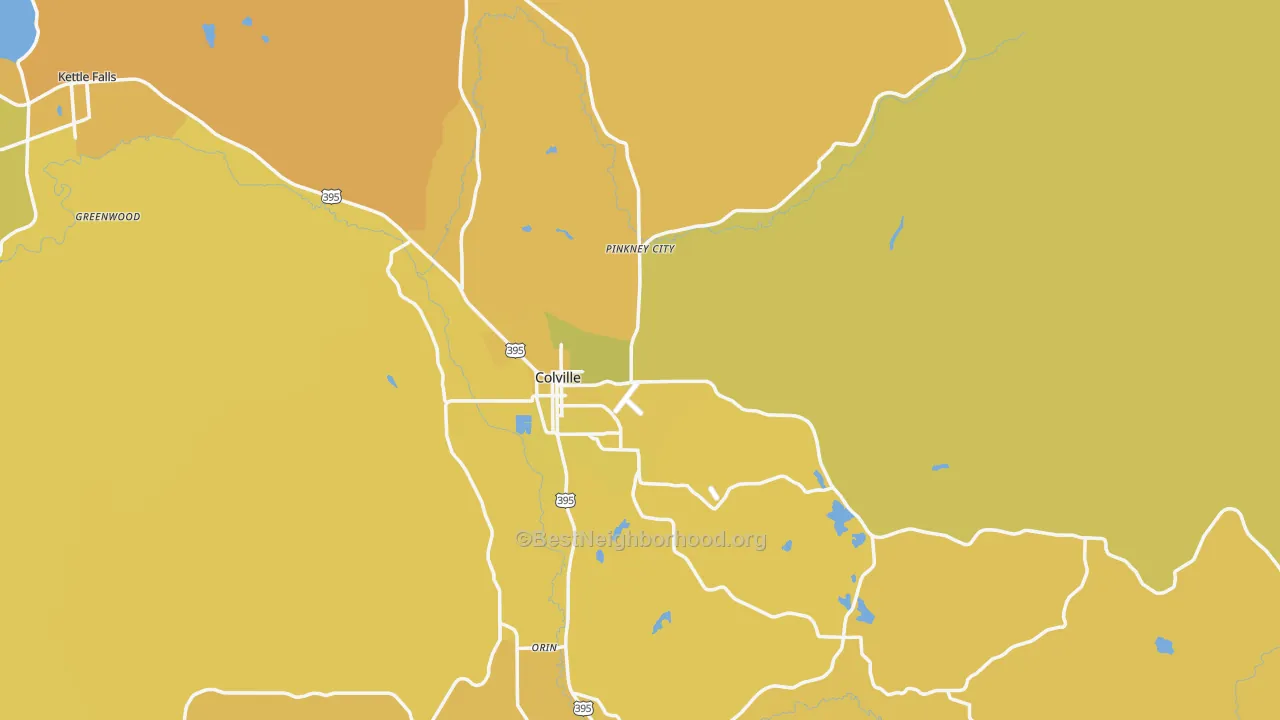 Map of the best neighborhoods in the Colville area, with better matches in green and worse matches in red