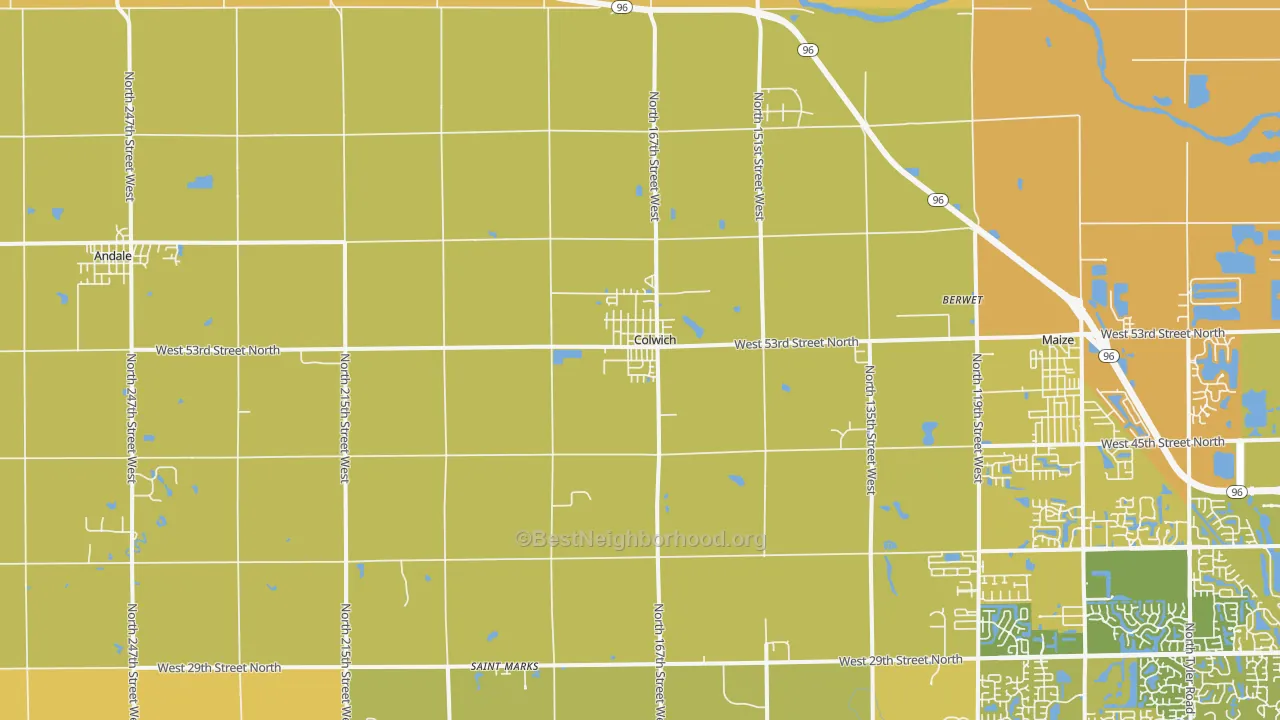 Map of the best neighborhoods in the Colwich area, with better matches in green and worse matches in red