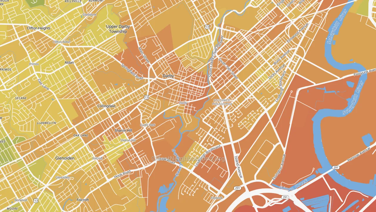 Map of the best neighborhoods in the Colwyn area, with better matches in green and worse matches in red