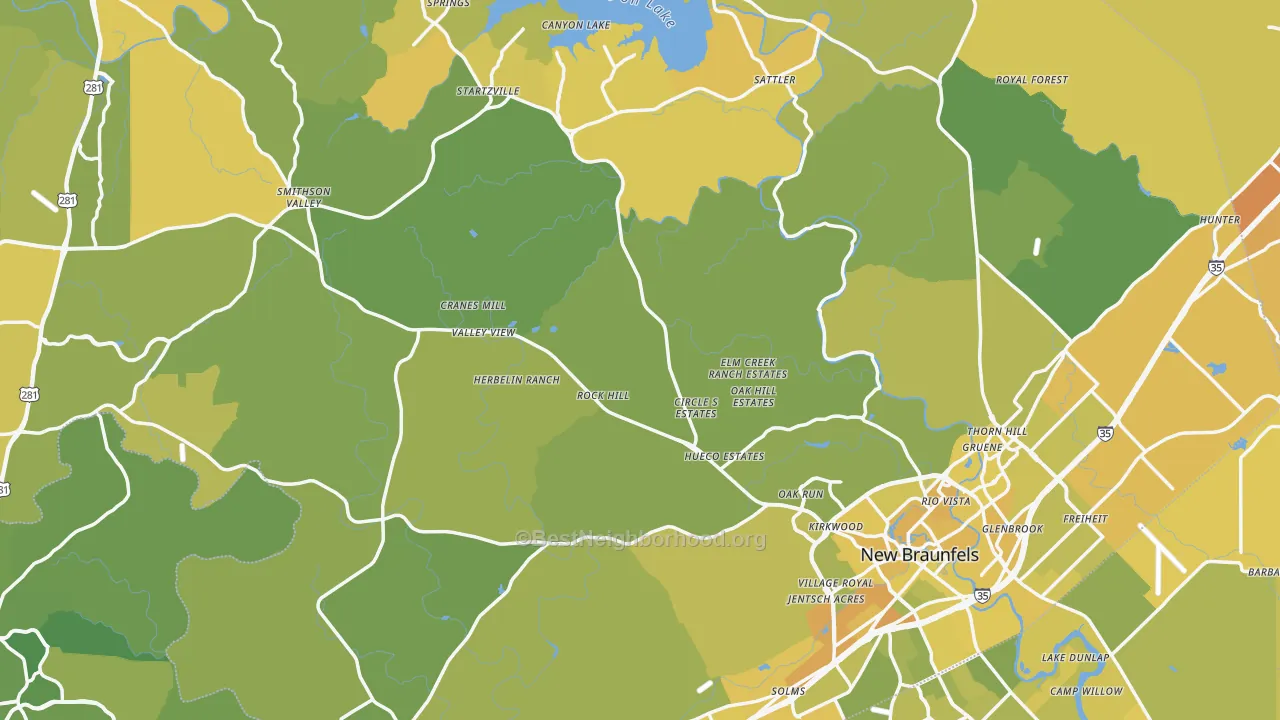 Map of the best neighborhoods in the Comal County area, with better matches in green and worse matches in red