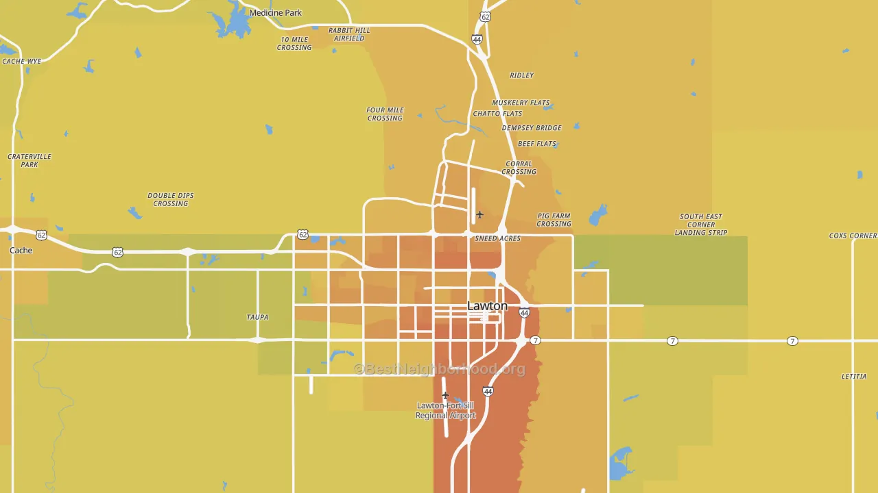 Map of the best neighborhoods in the Comanche County area, with better matches in green and worse matches in red