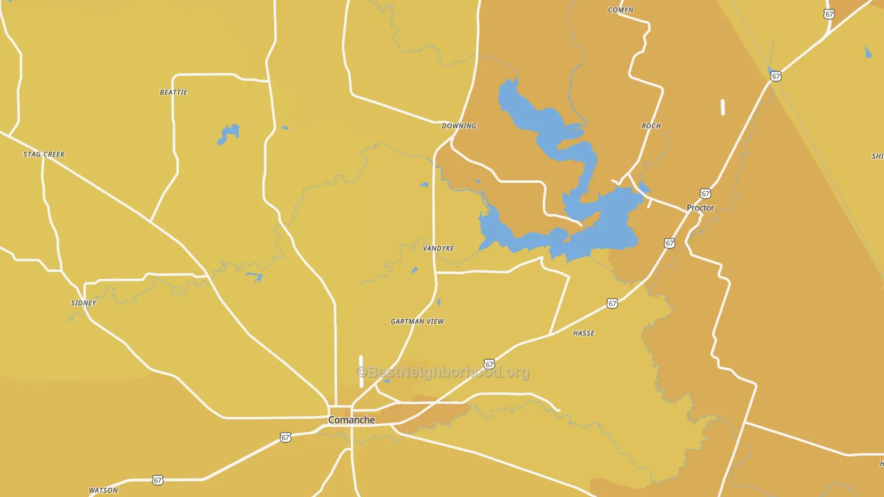 Map of the best neighborhoods in the Comanche County area, with better matches in green and worse matches in red