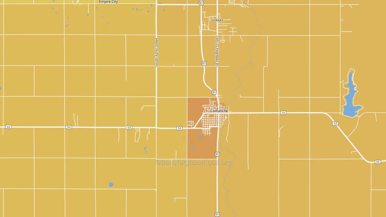 Map of the best neighborhoods in the Comanche area, with better matches in green and worse matches in red