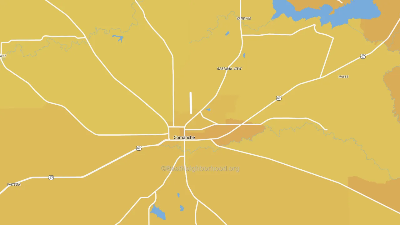 Map of the best neighborhoods in the Comanche area, with better matches in green and worse matches in red