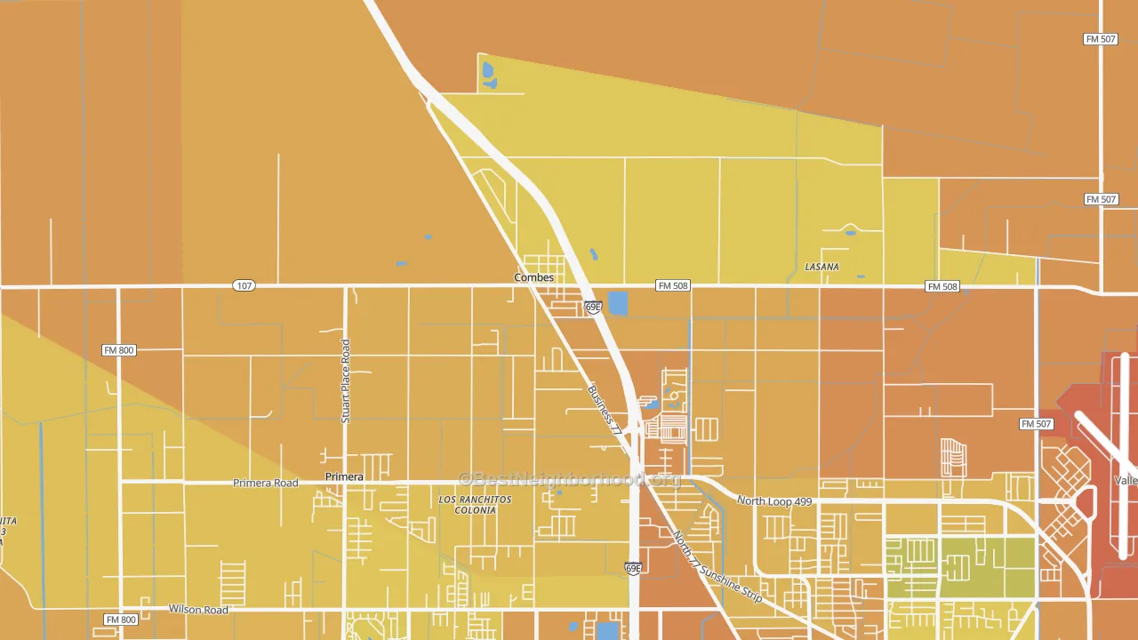 Map of the best neighborhoods in the Combes area, with better matches in green and worse matches in red