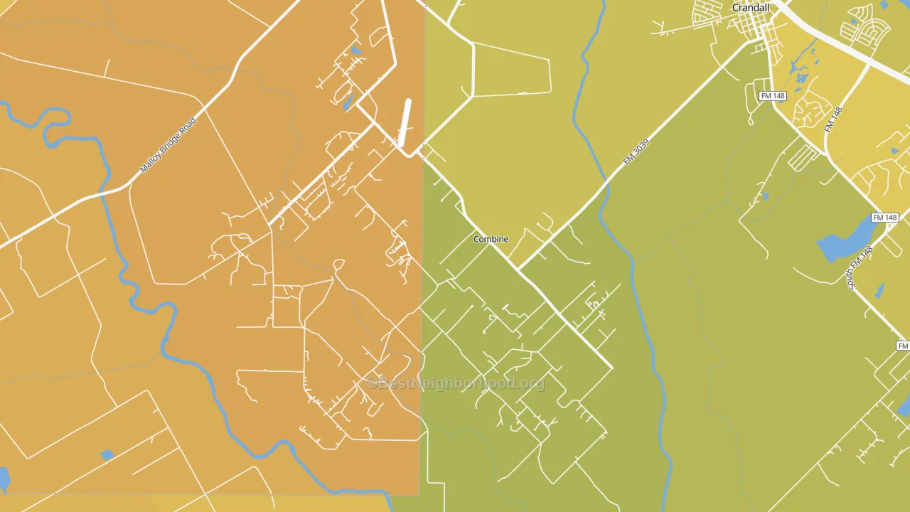 Map of the best neighborhoods in the Combine area, with better matches in green and worse matches in red