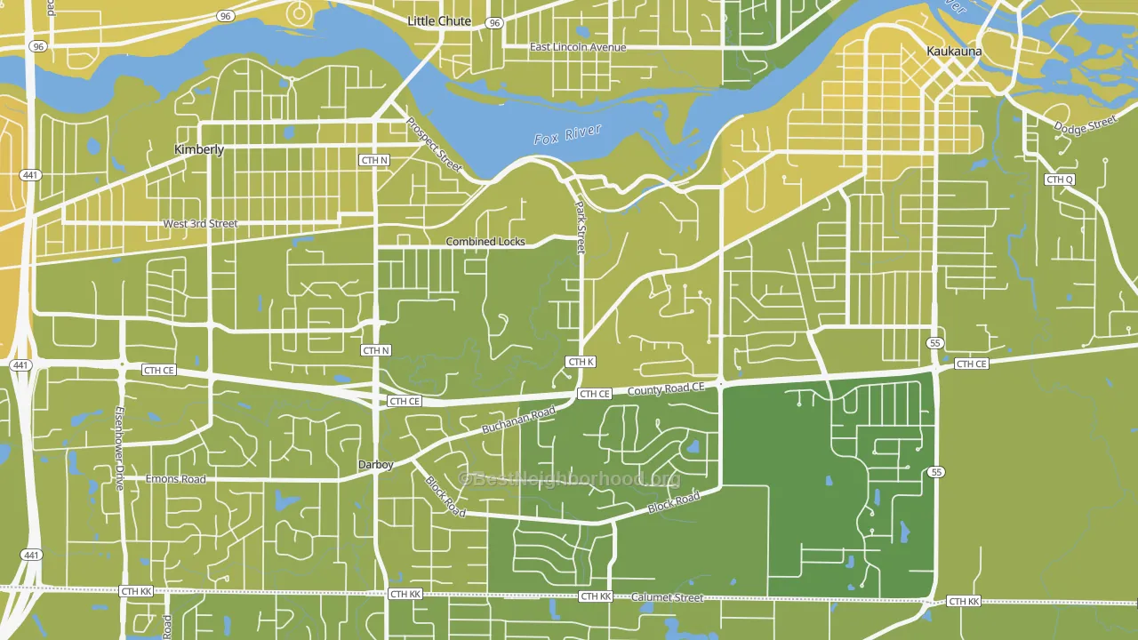 Map of the best neighborhoods in the Combined Locks area, with better matches in green and worse matches in red