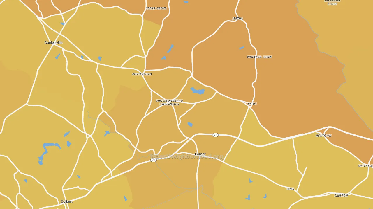 Map of the best neighborhoods in the Comer area, with better matches in green and worse matches in red