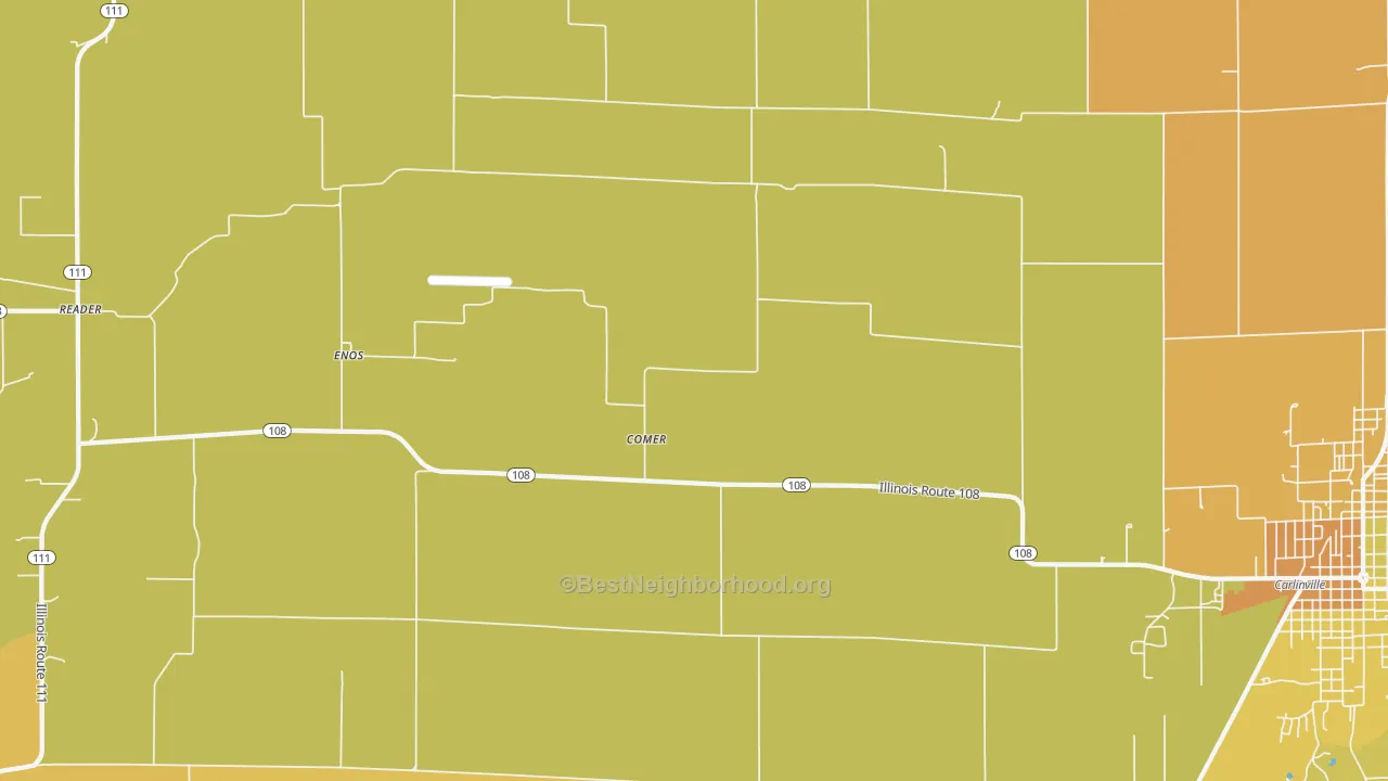 Map of the best neighborhoods in the Comer area, with better matches in green and worse matches in red