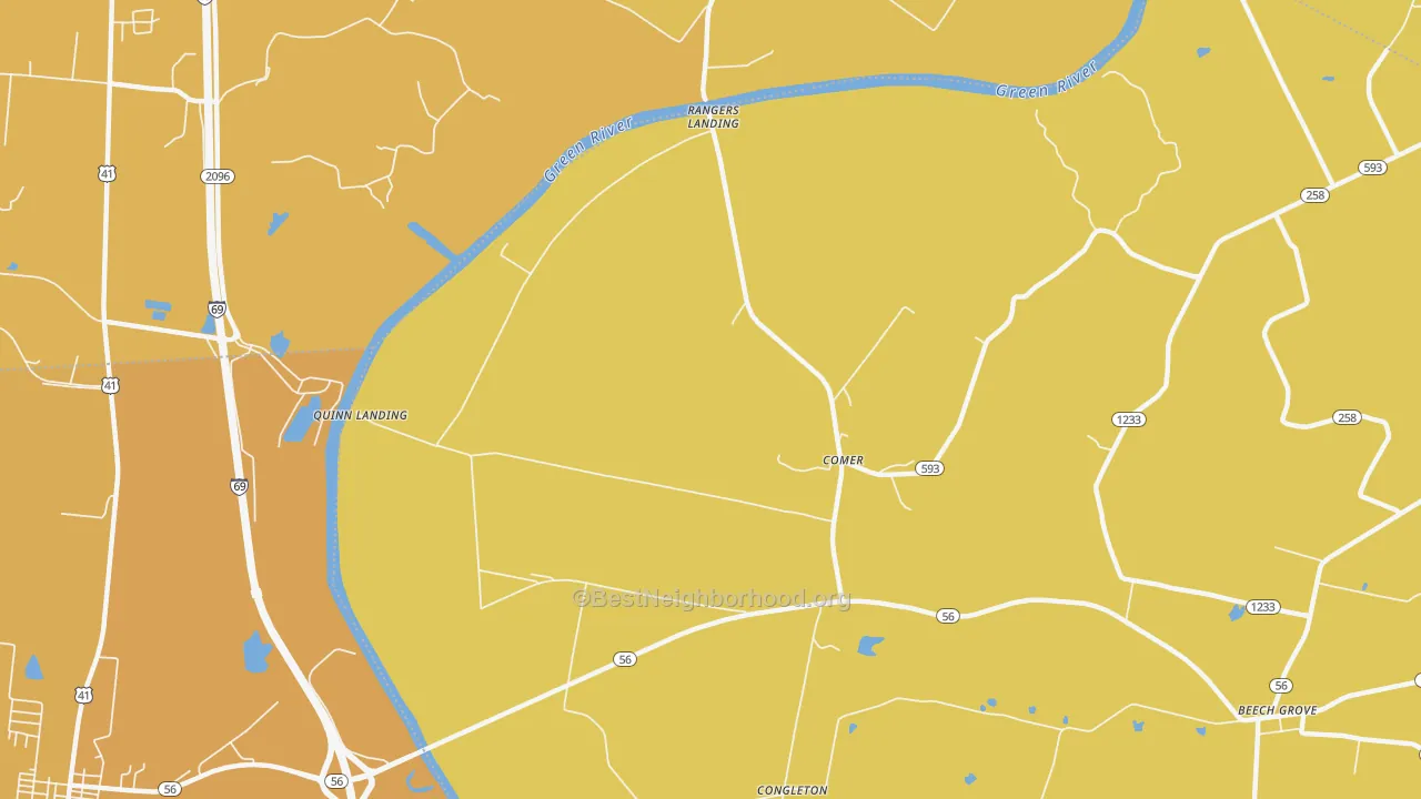 Map of the best neighborhoods in the Comer area, with better matches in green and worse matches in red