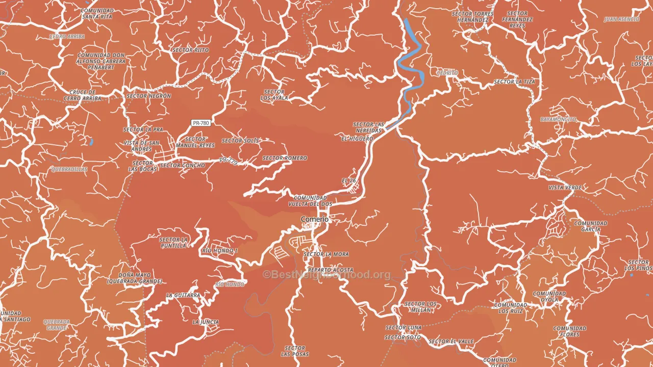 Map of the best neighborhoods in the Comerio Municipio area, with better matches in green and worse matches in red