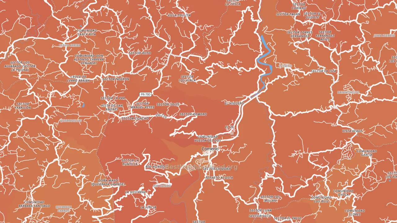 Map of the best neighborhoods in the Comerio area, with better matches in green and worse matches in red