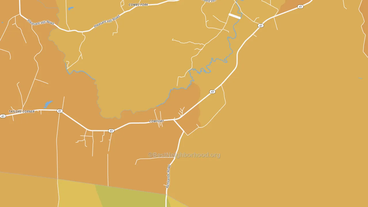 Map of the best neighborhoods in the Comfort area, with better matches in green and worse matches in red