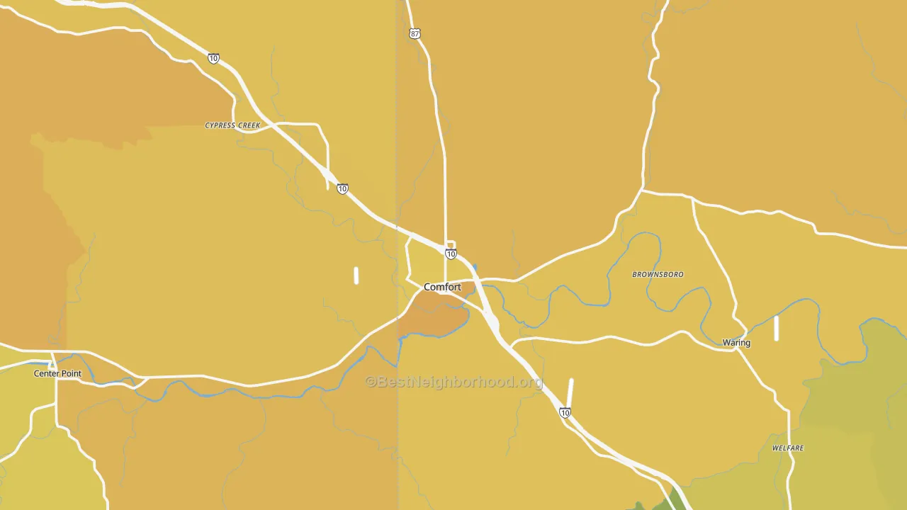 Map of the best neighborhoods in the Comfort area, with better matches in green and worse matches in red