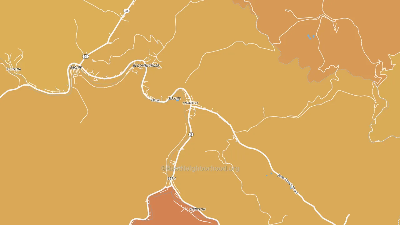 Map of the best neighborhoods in the Comfort area, with better matches in green and worse matches in red