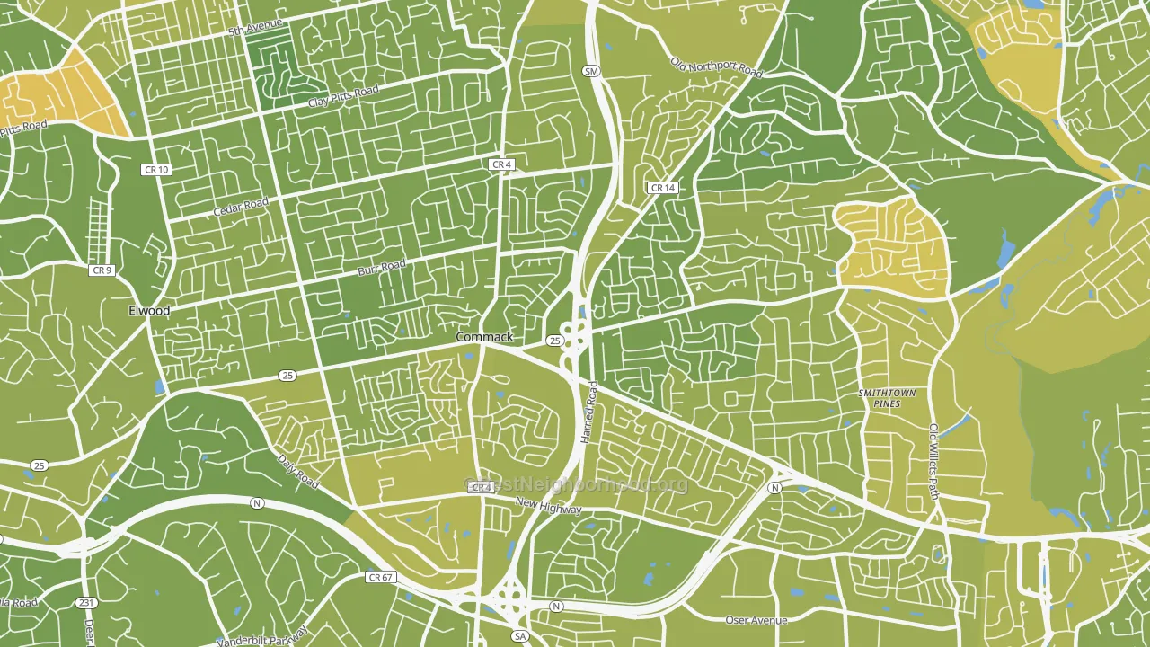 Map of the best neighborhoods in the Commack area, with better matches in green and worse matches in red