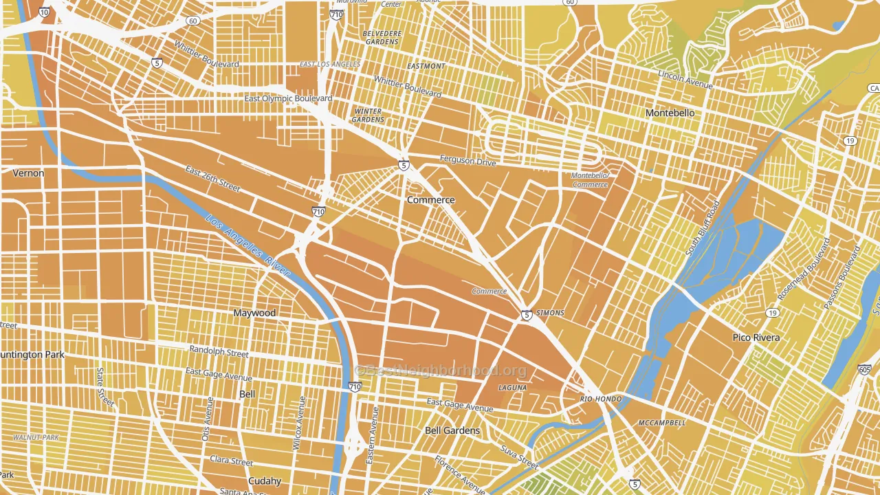 Map of the best neighborhoods in the Commerce area, with better matches in green and worse matches in red