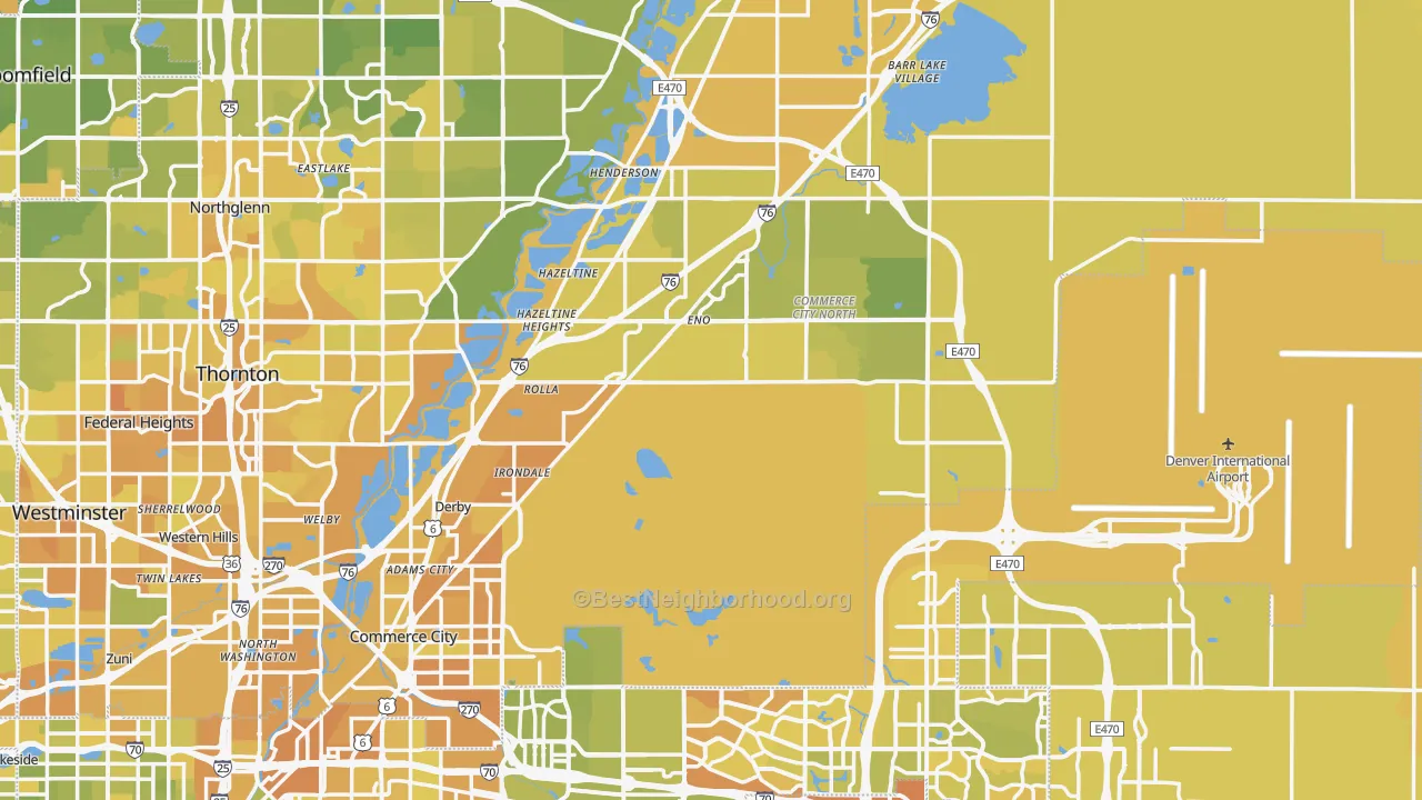 Map of the best neighborhoods in the Commerce City area, with better matches in green and worse matches in red