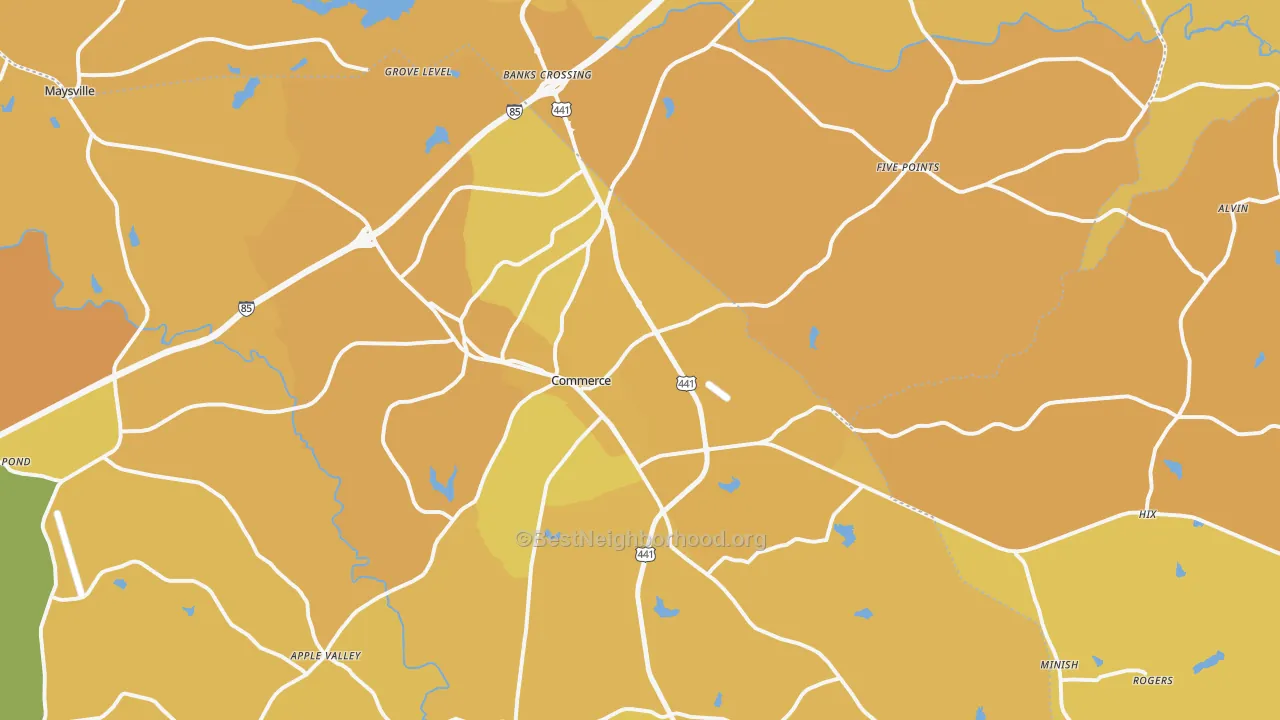 Map of the best neighborhoods in the Commerce area, with better matches in green and worse matches in red