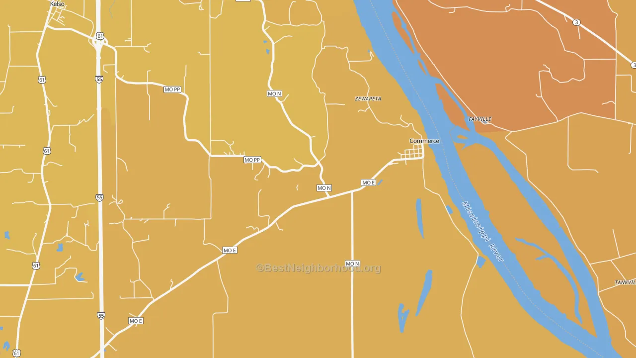 Map of the best neighborhoods in the Commerce area, with better matches in green and worse matches in red