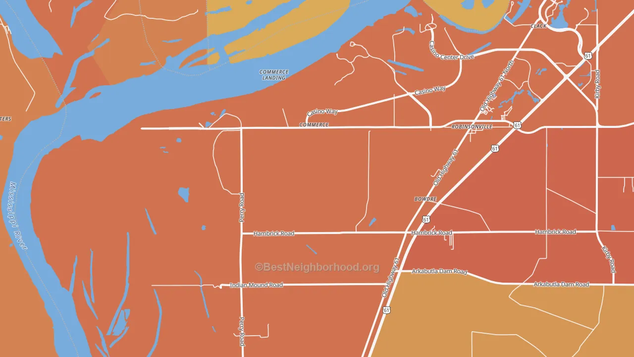 Map of the best neighborhoods in the Commerce area, with better matches in green and worse matches in red