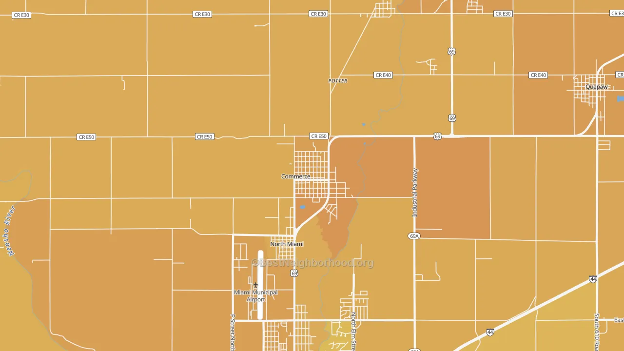 Map of the best neighborhoods in the Commerce area, with better matches in green and worse matches in red