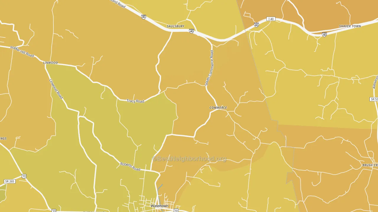 Map of the best neighborhoods in the Commerce area, with better matches in green and worse matches in red