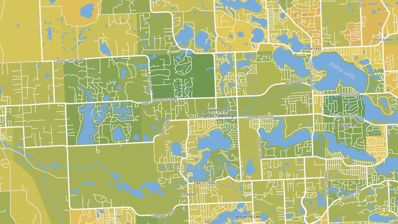 Map of the best neighborhoods in the Commerce Township area, with better matches in green and worse matches in red
