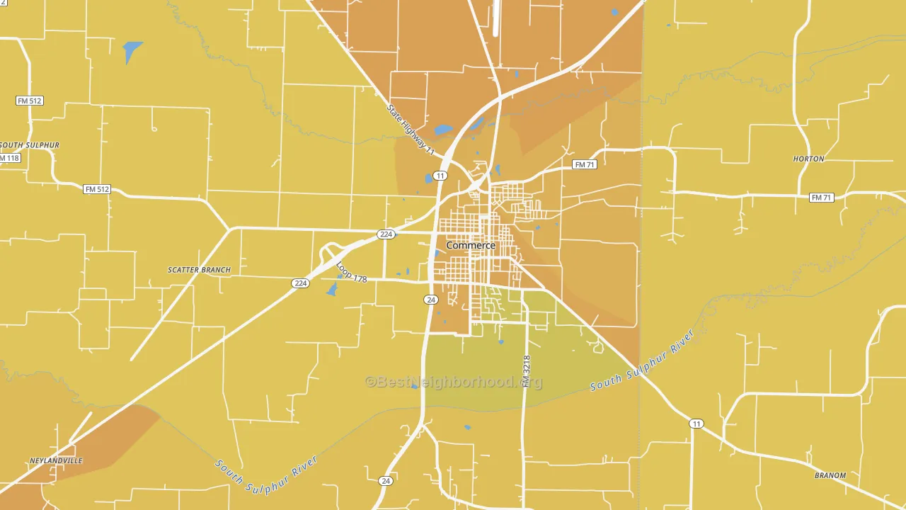 Map of the best neighborhoods in the Commerce area, with better matches in green and worse matches in red