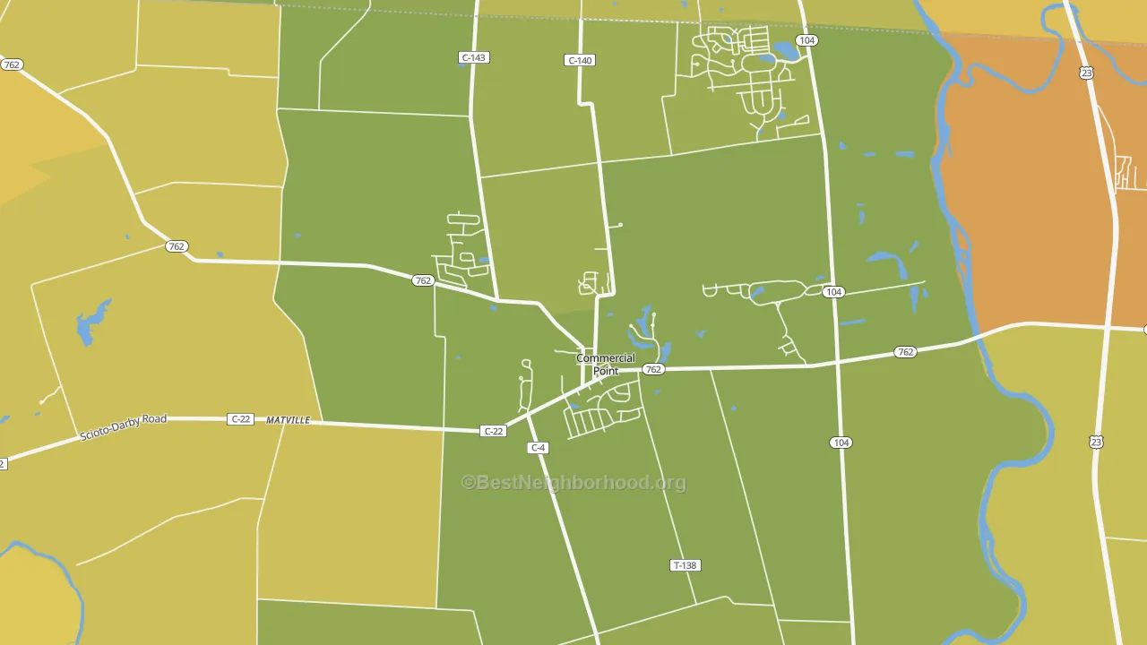 Map of the best neighborhoods in the Commercial Point area, with better matches in green and worse matches in red