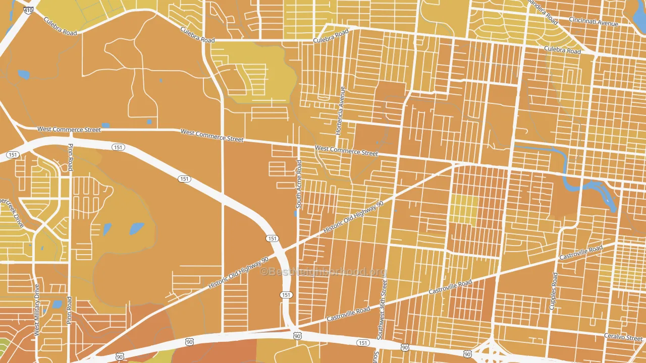 Map of the best neighborhoods in the Community Workers Council, San Antonio area, with better matches in green and worse matches in red