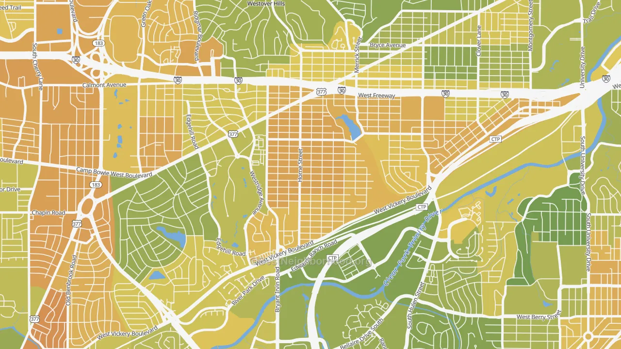 Map of the best neighborhoods in the Como, Fort Worth area, with better matches in green and worse matches in red