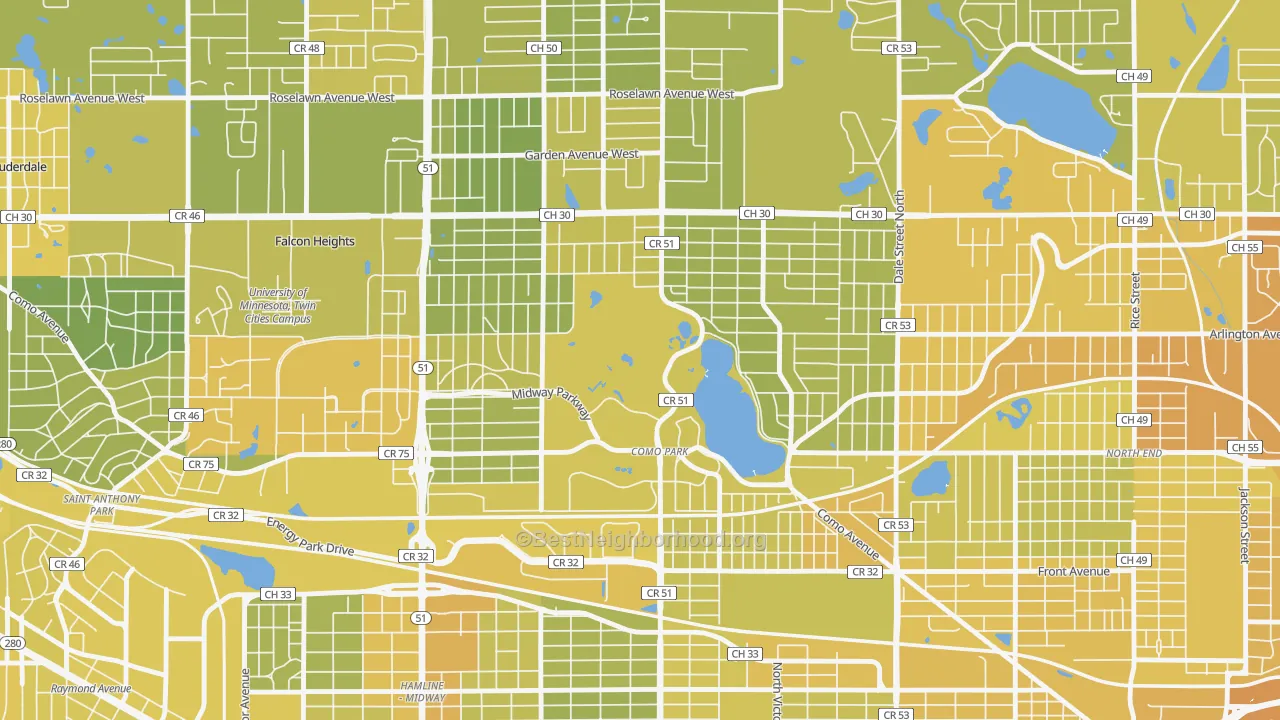 Map of the best neighborhoods in the Como, St. Paul area, with better matches in green and worse matches in red