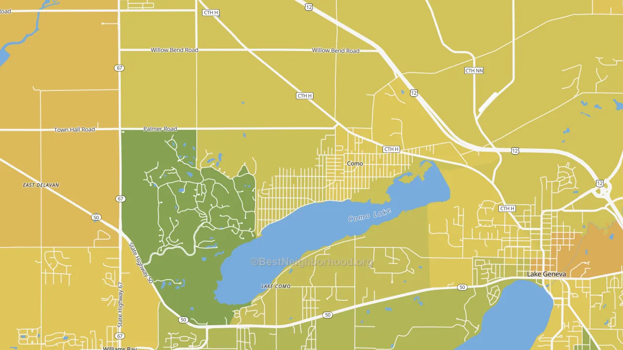 Map of the best neighborhoods in the Como area, with better matches in green and worse matches in red