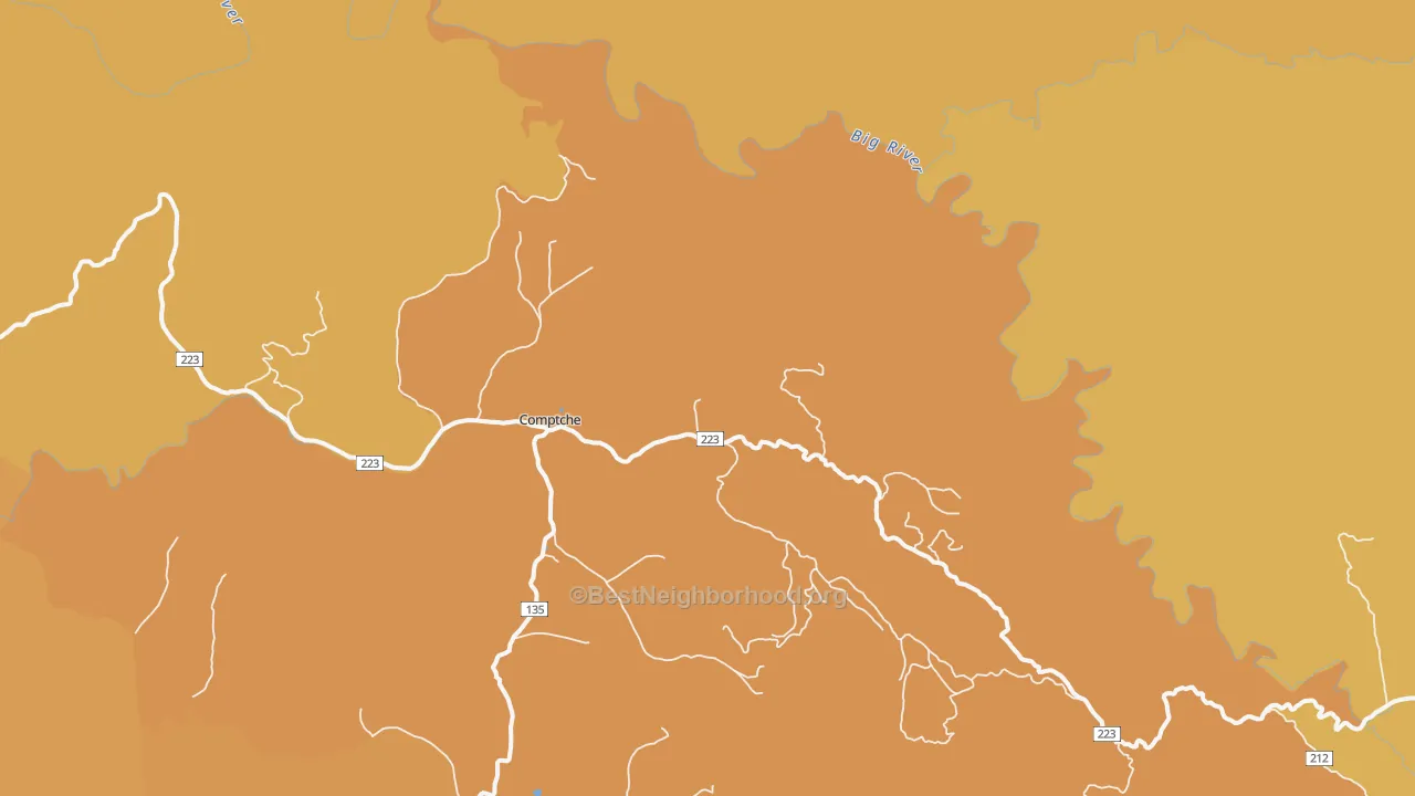 Map of the best neighborhoods in the Comptche area, with better matches in green and worse matches in red