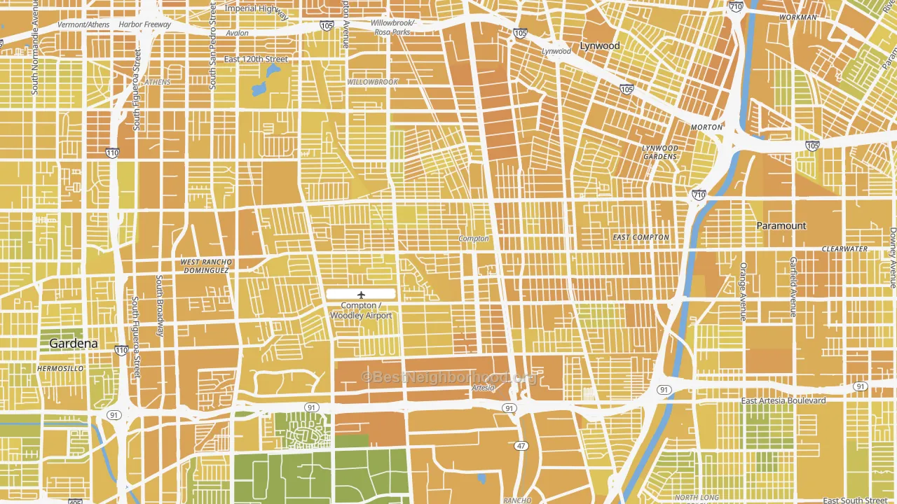 Map of the best neighborhoods in the Compton area, with better matches in green and worse matches in red