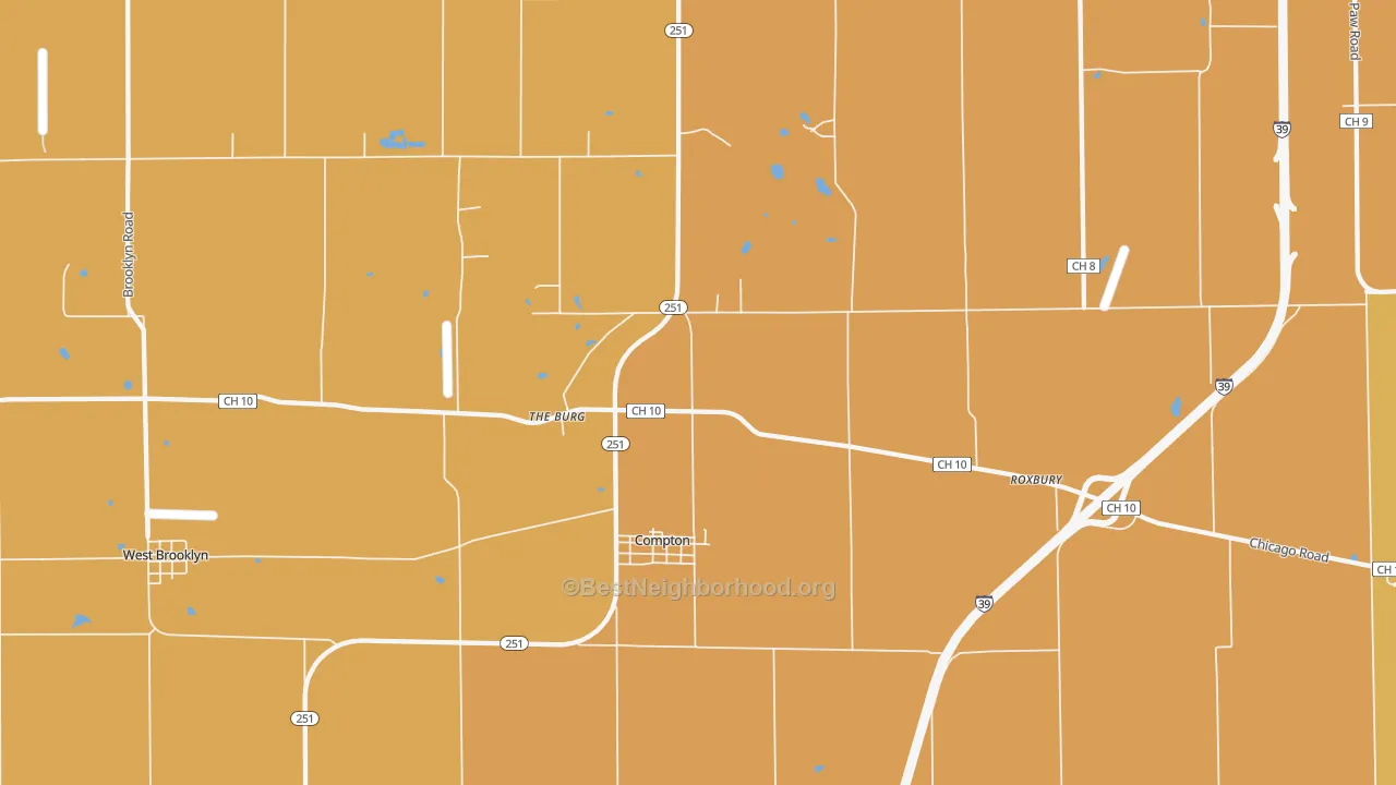 Map of the best neighborhoods in the Compton area, with better matches in green and worse matches in red