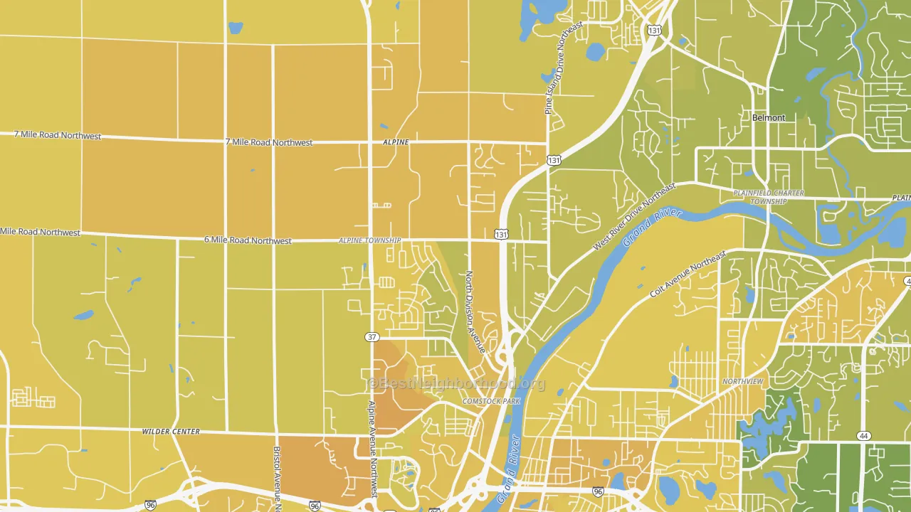 Map of the best neighborhoods in the Comstock Park area, with better matches in green and worse matches in red