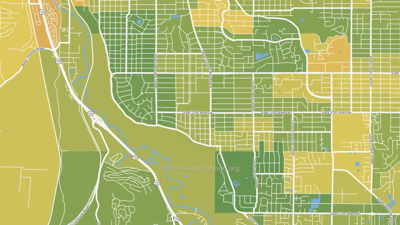 Map of the best neighborhoods in the Comstock, Spokane area, with better matches in green and worse matches in red